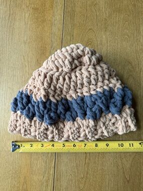 Adult Plush Crochet Beanie - Tan and Gray